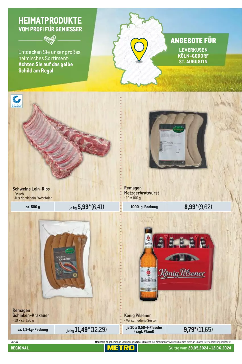 Aktueller Prospekt Metro - Regionaler Adresseinleger - von 29.05 bis 12.06.2024 - strona 48 - produkty: angebot, angebote, auer, bratwurst, decke, flasche, getränk, getränke, könig pilsener, krakauer, Palette, pils, pilsener, regal, schinken, schwein, schweine, Ti, wein, weine, wurst