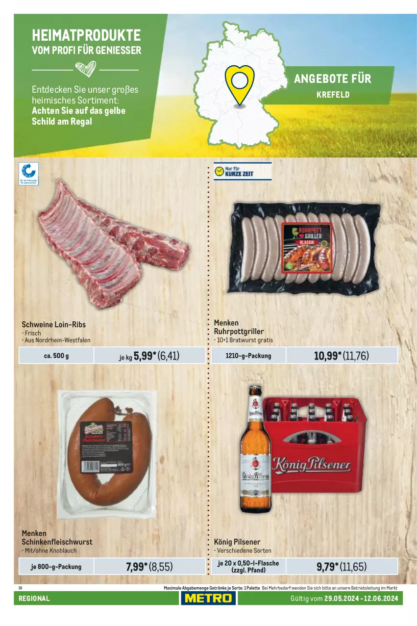 Aktueller Prospekt Metro - Regionaler Adresseinleger - von 29.05 bis 12.06.2024 - strona 50 - produkty: angebot, angebote, bratwurst, decke, eis, flasche, fleisch, fleischwurst, getränk, getränke, grill, knoblauch, könig pilsener, Palette, pils, pilsener, regal, schinken, schinkenfleischwurst, schwein, schweine, Ti, uhr, wein, weine, wurst