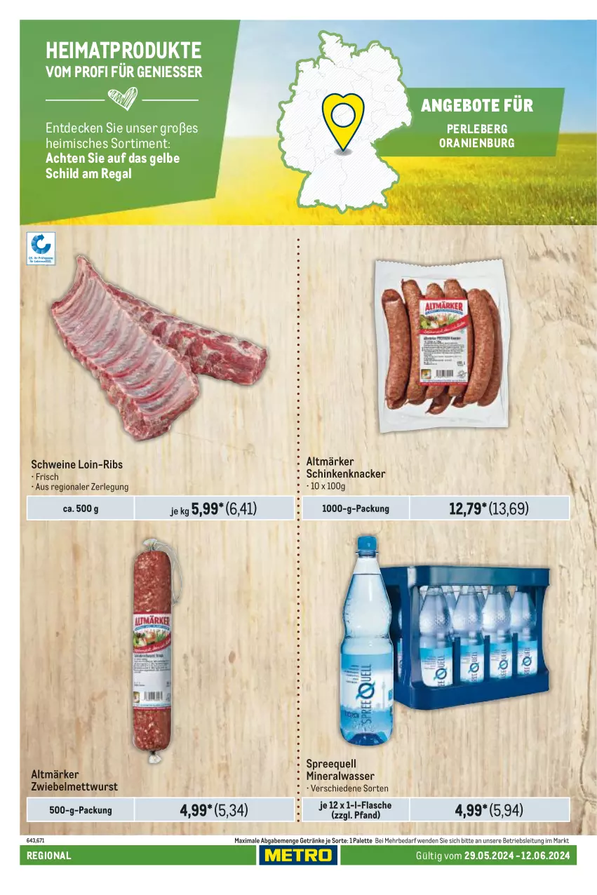 Aktueller Prospekt Metro - Regionaler Adresseinleger - von 29.05 bis 12.06.2024 - strona 80 - produkty: Alwa, angebot, angebote, decke, flasche, getränk, getränke, knacker, Mett, mettwurst, mineralwasser, Palette, regal, schinken, schwein, schweine, Spreequell, Ti, wasser, wein, weine, wurst, zwiebel, zwiebelmettwurst