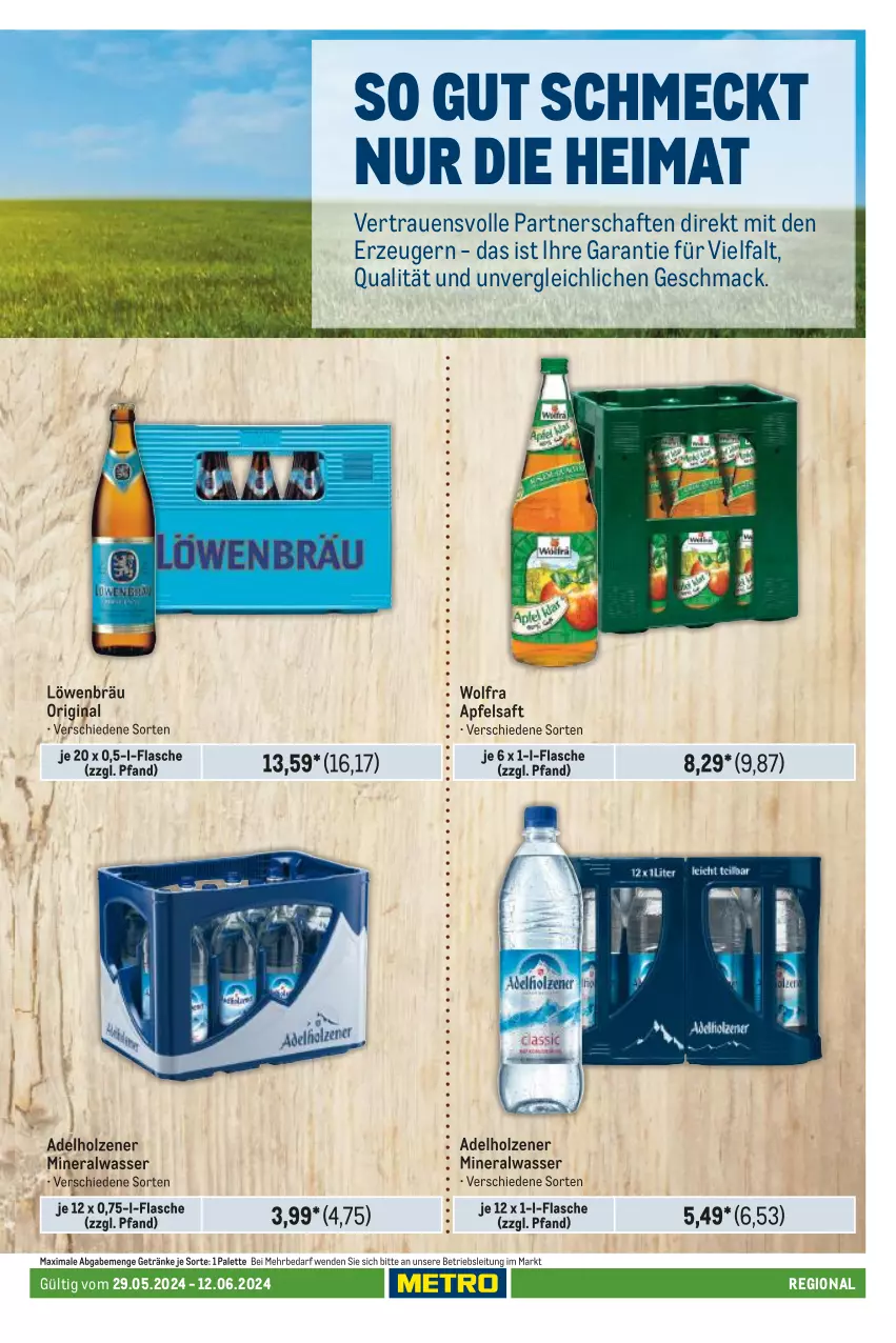 Aktueller Prospekt Metro - Regionaler Adresseinleger - von 29.05 bis 12.06.2024 - strona 87 - produkty: adelholzener, Alwa, apfel, apfelsaft, flasche, getränk, getränke, gin, Holz, mac, mineralwasser, Palette, saft, Ti, wasser