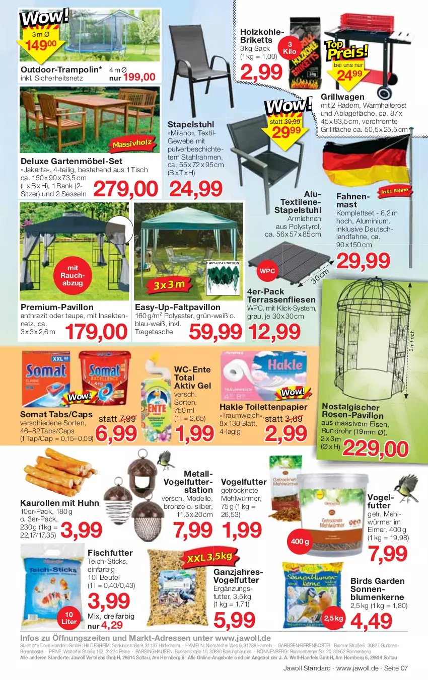 Aktueller Prospekt Jawoll - Prospekte - von 14.08 bis 20.08.2022 - strona 9 - produkty: aktiv gel, angebot, angebote, armlehnen, Bank, Berger, beutel, blume, blumen, briketts, Cap, dell, eimer, eis, elle, ente, Faltpavillon, fisch, Garten, gartenmöbel, grill, grillfläche, hakle, hakle toilettenpapier, Holz, holzkohle, LG, massivholz, mehl, möbel, Mode, papier, pavillon, Rauch, rosen, sac, sekt, senf, sessel, somat, sonnenblume, sonnenblumen, Sonnenblumenkerne, stapelstuhl, stuhl, Tasche, Ti, tisch, toilettenpapier, tragetasche, Trampolin, Vogelfutter