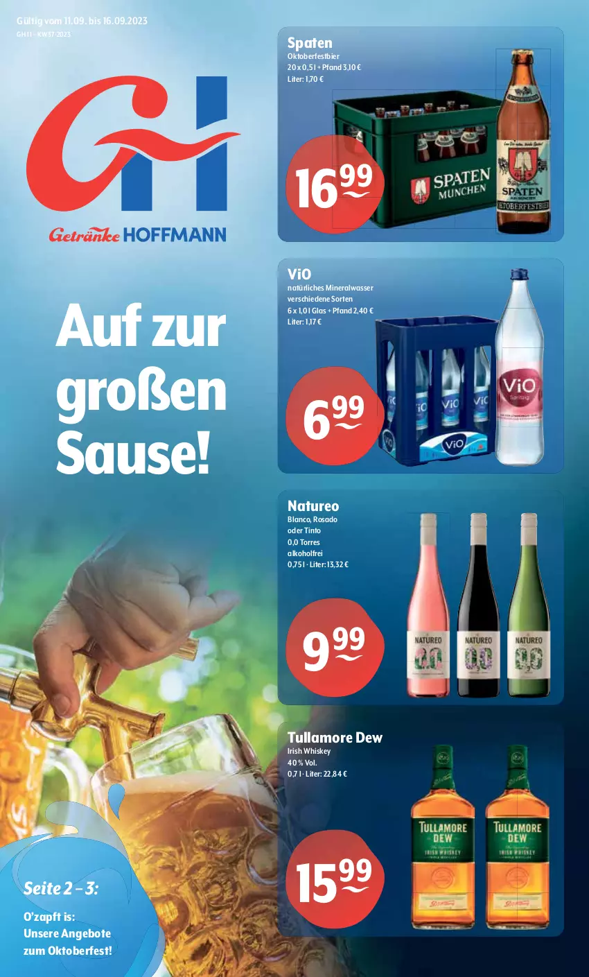 Aktueller Prospekt Getraenke Hoffmann - Prospekte - von 11.09 bis 16.09.2023 - strona 1 - produkty: alkohol, Alwa, angebot, angebote, bier, irish whiskey, mineralwasser, natur, natürliches mineralwasser, Spaten, Ti, tullamore, tullamore dew, wasser, whiskey