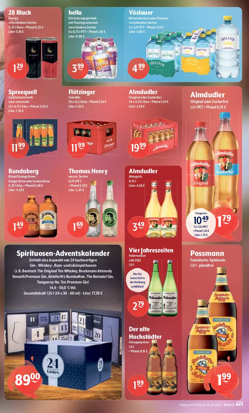 Aktueller Prospekt Getraenke Hoffmann - Prospekte - von 11.09 bis 16.09.2023 - strona 3 - produkty: Adventskalender, almdudler, Alwa, apfel, Apfelschorle, auer, BenRiach, bier, Brock, Bundaberg, cola, eis, erfrischungsgetränk, frankfurter, frucht, Gessner, getränk, gin, ginger, hacker pschorr, hella, lack, LG, likör, lion, mac, mineralwasser, mit frucht, natur, orange, Paula, paulaner, reis, Ria, rum, rwe, schorle, spirituosen, Spreequell, Tanqueray, thomas henry, Ti, vöslauer, wasser, wein, whiskey, zucker