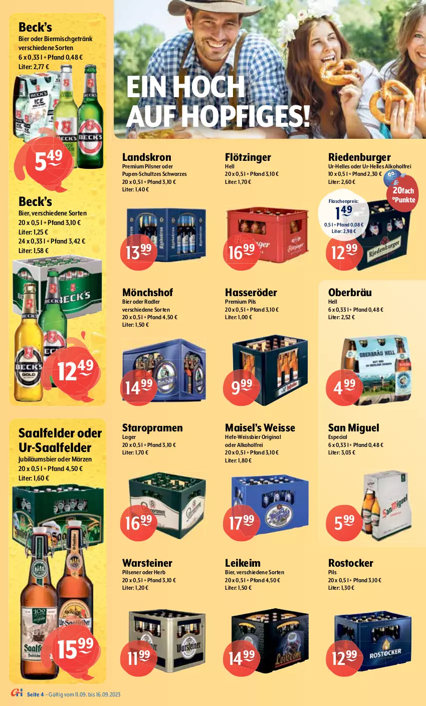 Aktueller Prospekt Getraenke Hoffmann - Prospekte - von 11.09 bis 16.09.2023 - strona 4 - produkty: alkohol, Altenmünster, auer, Bau, Bauer, Berger, berliner, bier, Bierzeltgarnitur, Blutorange, budweiser, burger, corona, eis, elle, erde, flasche, franziskaner, garnitur, getränk, getränke, gewinnspiel, gin, hasseröder, Hefe, holunder, Jubiläums, krombache, krombacher, LG, mais, mönchshof, natur, natur radler, oder radler, orange, pils, pilsener, pilsner, premium pils, radeberger, radler, reis, Rostocker, Saalfelder, Spiele, Staropramen, steiner, Stiegl, störtebeker, Ti, warsteiner, weck, weissbier, WICK, Zelt, zitrone, zucker