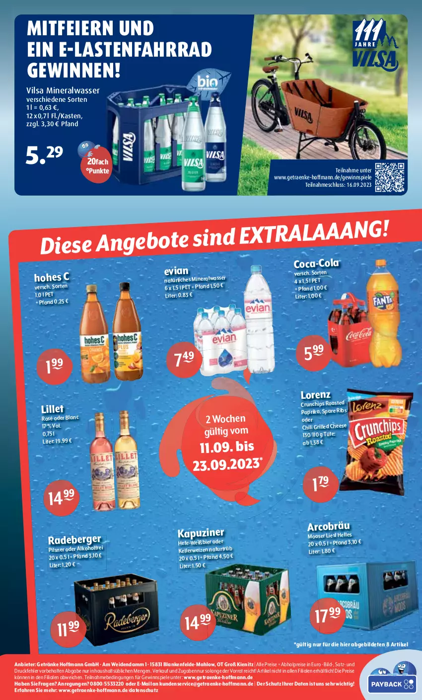 Aktueller Prospekt Getraenke Hoffmann - Prospekte - von 11.09 bis 16.09.2023 - strona 8 - produkty: abholpreise, alkohol, Alwa, chili, chips, crunchips, eier, eis, elle, Fahrrad, getränk, getränke, gewinnspiel, grill, Hefe, lillet, lorenz, mineralwasser, natur, paprika, pils, pilsner, reis, rwe, spare ribs, Spiele, Ti, Tüte, vilsa, wasser