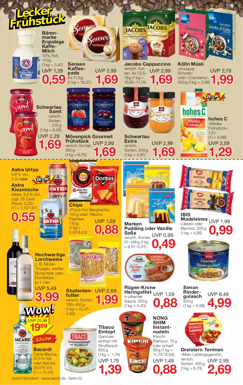 Aktueller Prospekt Jawoll - Prospekte - von 29.01 bis 04.02.2023 - strona 2 - produkty: Astra, bacardi, bärenmarke, burgunder, Cap, cappuccino, chips, cin, cranberry, dornfelder, dreistern, eintopf, eis, ente, filet, fleisch, gulasch, hering, Herings, Hohes C, jacobs, kaffee, kaffeepads, kölln, krone, leine, margherita, milch, mövenpick, Müller, müsli, nacho, nudel, nudeln, paprika, pizza, pudding, reis, rind, rinder, rindergulasch, rindfleisch, ring, sauce, schoko, Schwartau, senseo, sim, Soße, terrine, Ti, topf, urtyp, vanille, wein, weine