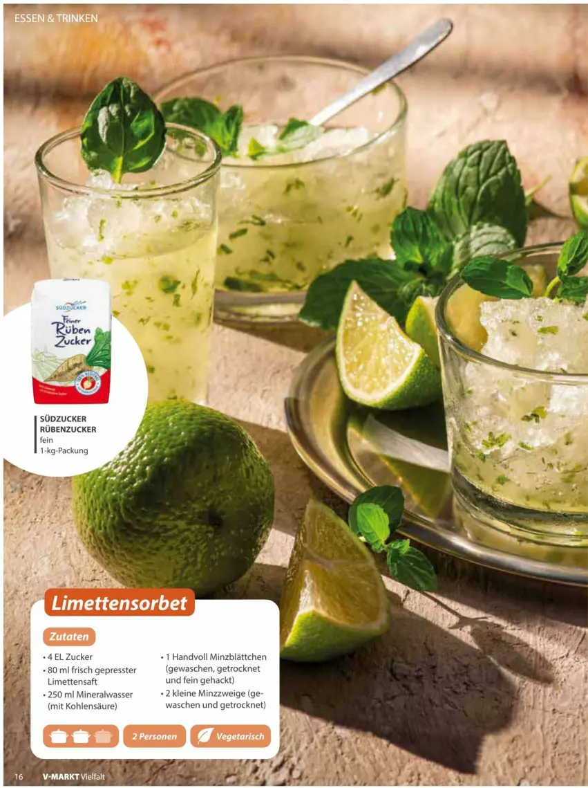Aktueller Prospekt Vmarkt - Prospekte - von 09.07 bis 23.07.2025 - strona 16 - produkty: Alwa, leine, limette, limetten, Mett, metten, mineralwasser, saft, südzucker, wasser, zucker