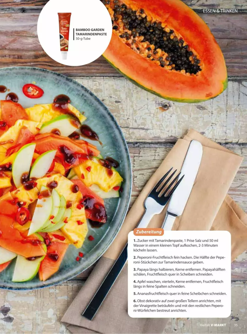 Aktueller Prospekt Vmarkt - Prospekte - von 09.07 bis 23.07.2025 - strona 35 - produkty: ananas, Anrichte, apfel, bamboo, bier, Biere, eis, elle, fleisch, frucht, fruchtfleisch, leine, obst, Papaya, peperoni, Peroni, rind, salz, sauce, teller, Ti, topf, wasser, würfel, zucker