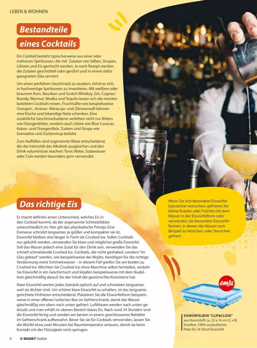 Aktueller Prospekt Vmarkt - Prospekte - von 09.07 bis 23.07.2025 - strona 8 - produkty: alkohol, ananas, Bau, Behälter, bourbon, braun, cocktail, cocktails, Cognac, cola, crushed ice, drink, eis, eiswürfel, elle, erde, frucht, früchte, fruchtsäfte, gefrierschrank, geschirr, geschirrtuch, getränk, gin, Holz, kokos, kräuter, leine, likör, mac, maracuja, Mixer, mojito, nudel, orange, orangen, reifen, rezept, ring, rum, rwe, saft, säfte, Schrank, scotch, shake, sirup, Soda, spirituosen, Stier, tequila, Ti, Tiere, tisch, tonic, tonic water, tuc, wasser, whiskey, WICK, wodka, würfel, zitrone, zitronen, zitronensaft, zucker