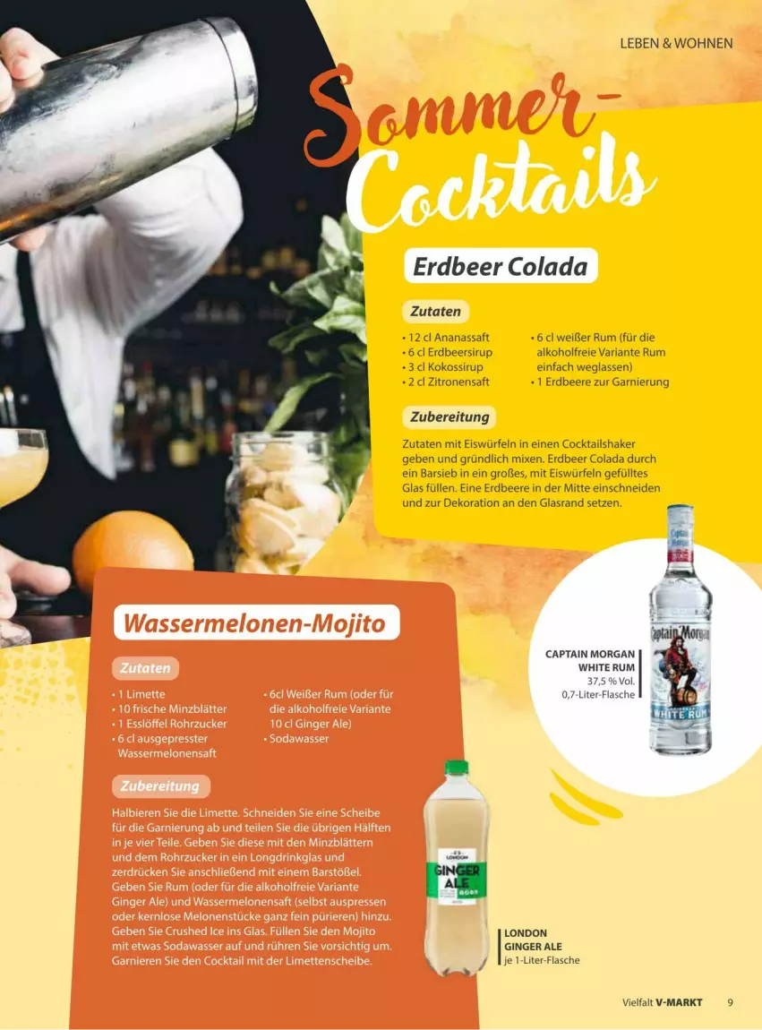 Aktueller Prospekt Vmarkt - Prospekte - von 09.07 bis 23.07.2025 - strona 9 - produkty: alkohol, ananas, beere, Cap, captain morgan, cocktail, cocktails, Cocktailshaker, cola, dekoration, eis, eiswürfel, erdbeere, flasche, garnier, gin, ginger, ginger ale, je 1-liter-flasche, kokos, Ria, rum, saft, shake, sirup, Ti, white rum, würfel, zitrone, zitronen, zitronensaft