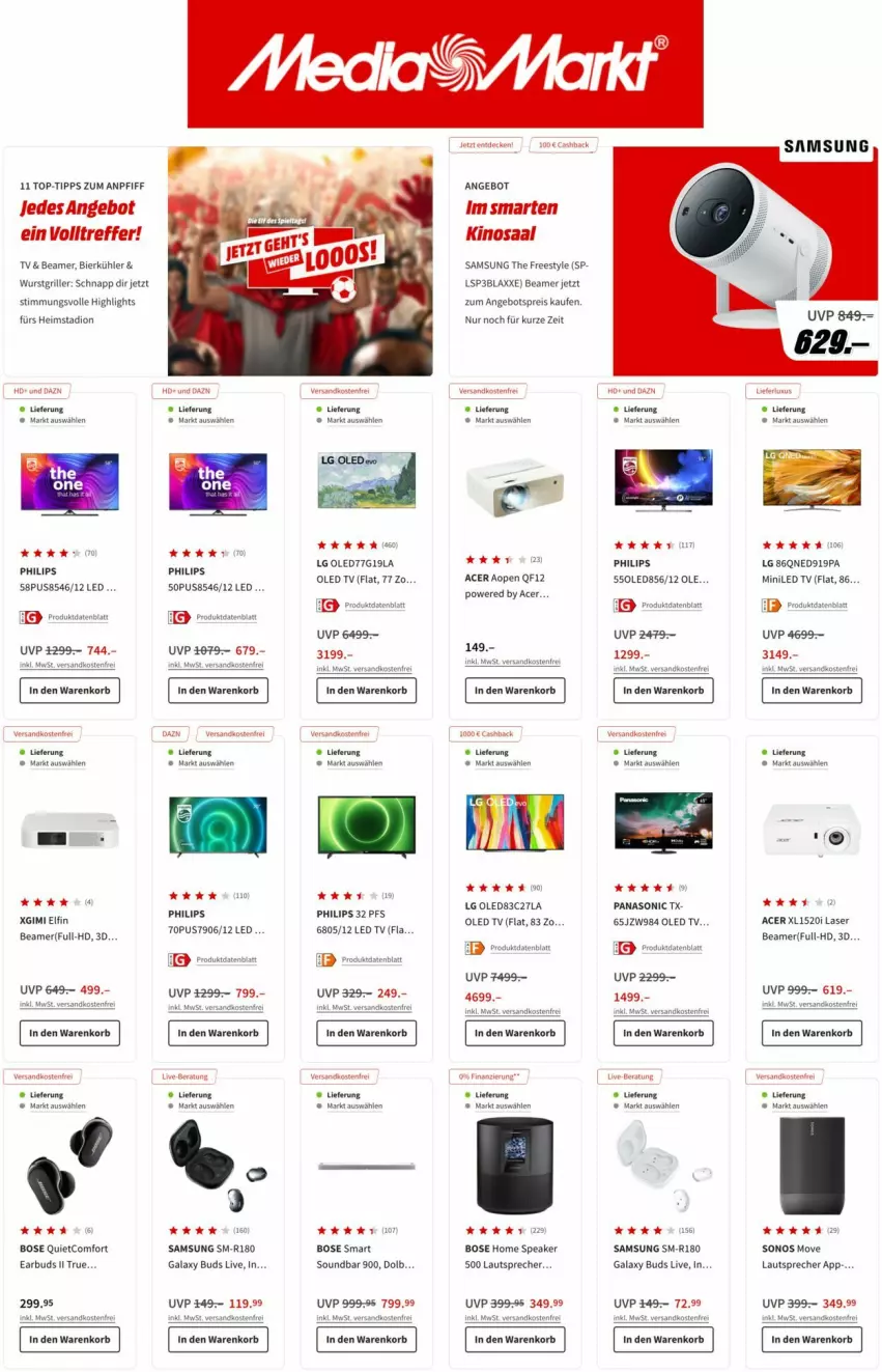 Aktueller Prospekt Media Markt - Prospekte - von 11.10 bis 25.10.2022 - strona 3 - produkty: acer, angebot, angebotspreis, bier, Bose, eis, grill, korb, lautsprecher, led tv, LG, ndk, oled tv, panasonic, Philips, reis, Samsung, Sonos, soundbar, Ti, versandkostenfrei, wurst