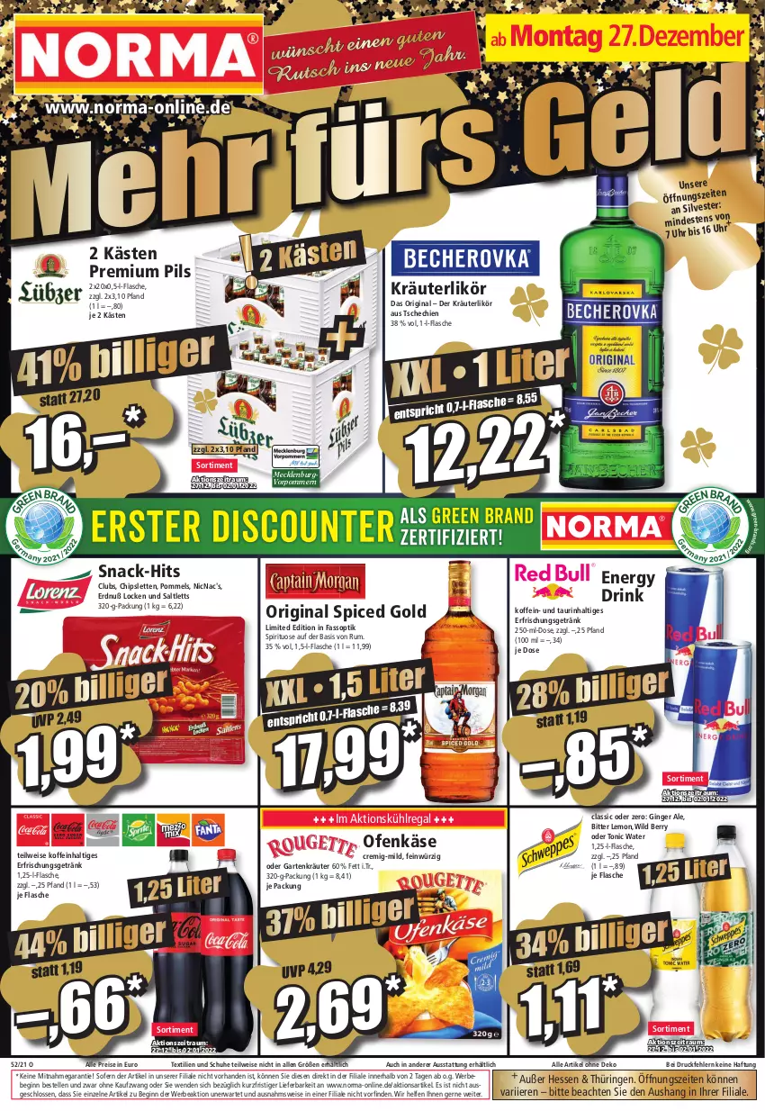 Aktueller Prospekt Norma - Norma - von 27.12.2021 bis 03.01.2022 - strona 1 - produkty: Bebe, bitter lemon, chips, drink, eis, elle, energy drink, erfrischungsgetränk, flasche, Garten, getränk, gin, ginger, ginger ale, Käse, kräuter, kräuterlikör, kühlregal, likör, Ofen, Ofenkäse, original spiced gold, pils, Pommels, premium pils, regal, reis, ring, rum, saltletts, schuhe, snack, Ti, tonic, tonic water, uhr, Wild, wild berry