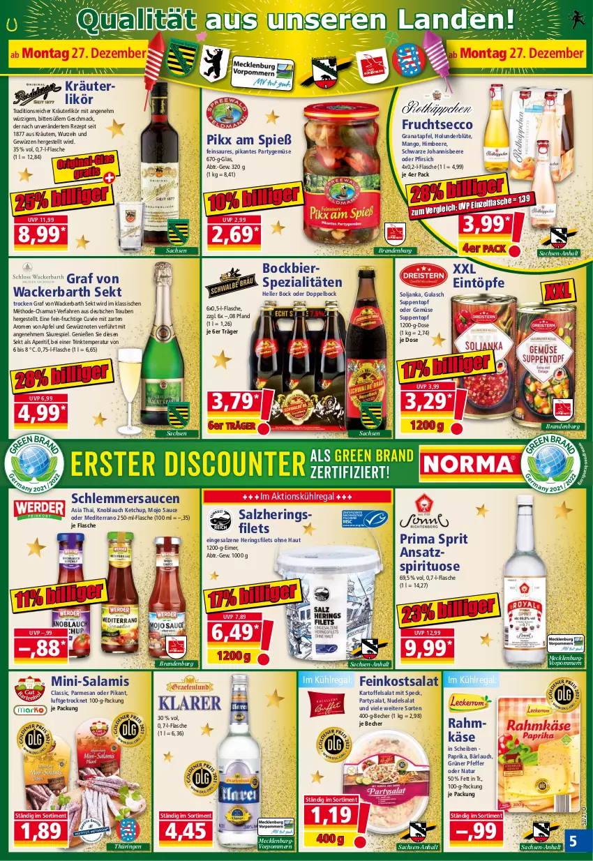 Aktueller Prospekt Norma - Norma - von 27.12.2021 bis 03.01.2022 - strona 5 - produkty: aperitif, apfel, Becher, beere, bier, bierspezialitäten, Blüte, cuvée, ecco, eimer, eintöpfe, elle, feinkost, filet, filets, flasche, frucht, fruchtsecco, gewürz, gin, grana, granatapfel, gulasch, hering, Herings, heringsfilets, himbeer, himbeere, holunder, holunderblüte, johannisbeere, kartoffel, kartoffelsalat, Käse, ketchup, knoblauch, kräuter, kräuterlikör, kräutern, kühlregal, likör, mac, mango, Mini-Salami, natur, nudel, nudelsalat, paprika, pfeffer, pfirsich, Rana, regal, rezept, ring, sac, salami, salat, salz, sauce, saucen, schlemmersauce, schlemmersaucen, sekt, Speck, Spezi, suppe, suppen, Ti, topf, trauben