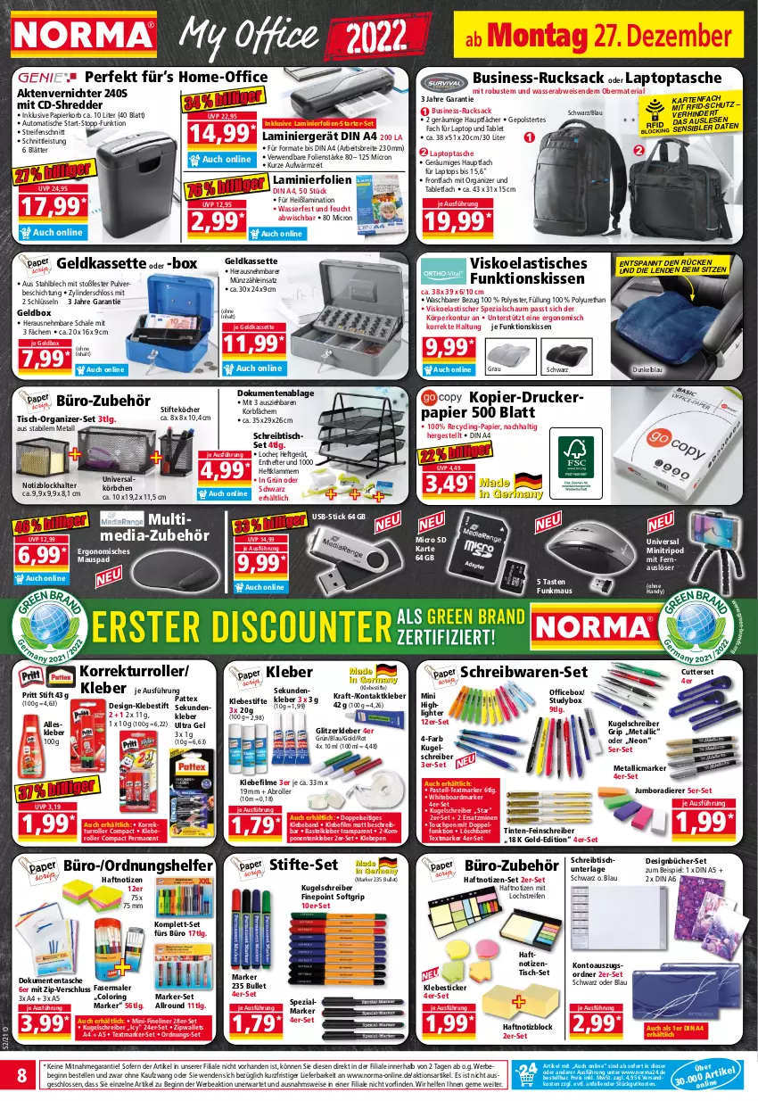 Aktueller Prospekt Norma - Norma - von 27.12.2021 bis 03.01.2022 - strona 8 - produkty: Aktenvernichter, asti, auto, Beba, Bebe, Brei, Clin, din a4, drucker, eis, elle, ente, fasermaler, Fineliner, gin, Handy, Hefte, HP, jumbo, kissen, Klammern, kleber, korb, Körbchen, kraft, Kugel, kugelschreiber, laminat, lamm, Laptop, LG, Maus, ndk, office, ordner, papier, pattex, pritt, reifen, reis, Ria, ring, Roller, rucksack, rwe, sac, Schal, Schale, schreibtisch, schreibwaren, Spezi, Spezialmarker, stifte, tablet, Tasche, textmarker, Ti, tisch, Tischset, usb, wasser, zentis