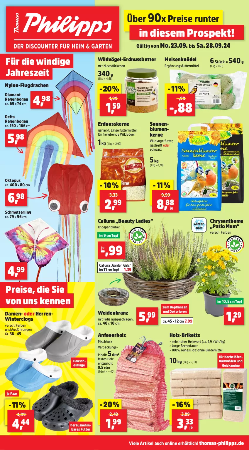 Aktueller Prospekt Thomas Philipps - von 23.09 bis 28.09.2024 - strona 1 - produkty: Anfeuerholz, auer, blume, blumen, briketts, butter, Clogs, eis, erdnuss, Erdnussbutter, Holz, Kamin, Knödel, Kranz, Meisenknödel, Mett, nuss, pflanze, pflanzen, reis, Schmetterling, sonnenblume, sonnenblumen, Sonnenblumenkerne, Ti, topf, Vogelfutter, Wild, Winterclogs