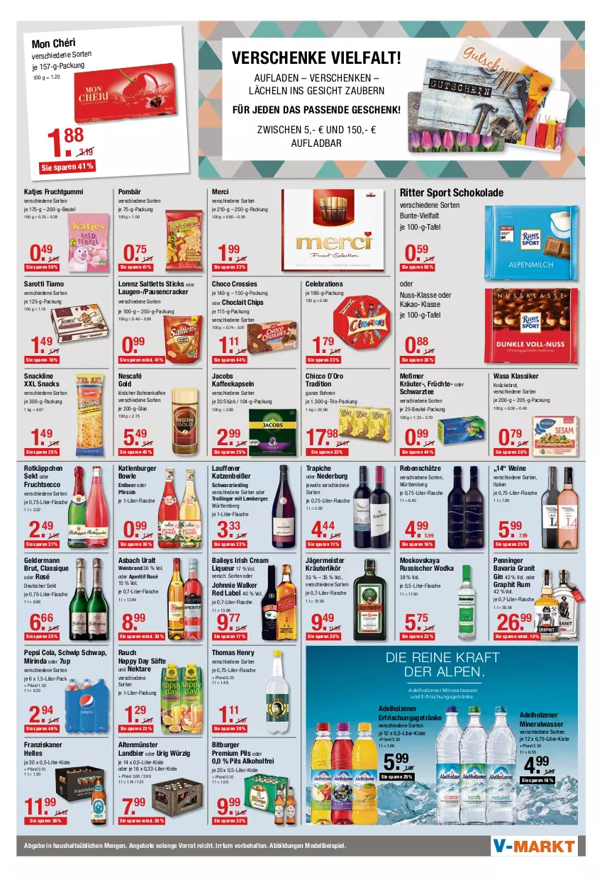 Aktueller Prospekt Vmarkt - V-Markt - von 16.12 bis 22.12.2021 - strona 5 - produkty: 7UP, adelholzener, alkohol, Altenmünster, Alwa, angebot, angebote, aperitif, asbach uralt, baileys, Berger, beutel, bier, bitburger, bohne, bohnen, bohnenkaffee, bowle, brot, brut, burger, chips, choclait chips, choco crossies, cola, cracker, crossies, dell, deutscher sekt, ecco, eis, elle, erfrischungsgetränk, erfrischungsgetränke, flasche, franziskaner, frucht, früchte, fruchtgummi, fruchtsecco, geldermann, Germ, getränk, getränke, gin, Happy Day, Holz, irish cream, jacobs, jägermeister, je 1-liter-flasche, johnnie walker, kaffee, kaffeekapseln, kakao, katjes, katlenburger, knäckebrot, kraft, kräuter, kräuterlikör, likör, liqueur, lorenz, löslicher bohnenkaffee, Meister, merci, Meßmer, mineralwasser, Mirinda, Mode, Mon Chéri, moskovskaya, nederburg, Nektar, Nescafé, nescafé gold, nuss, pepsi, Pepsi Cola, pfirsich, pils, premium pils, Rauch, Ria, riesling, rind, ritter, ritter sport, rotkäppchen, rum, säfte, saltletts, saro, sarotti, schoko, schokolade, schwarzriesling, Schwip Schwap, sekt, snack, snacks, Sport, tee, thomas henry, Ti, trolli, trollinger, wasa, wasser, wein, weinbrand, weine, wodka, ZTE