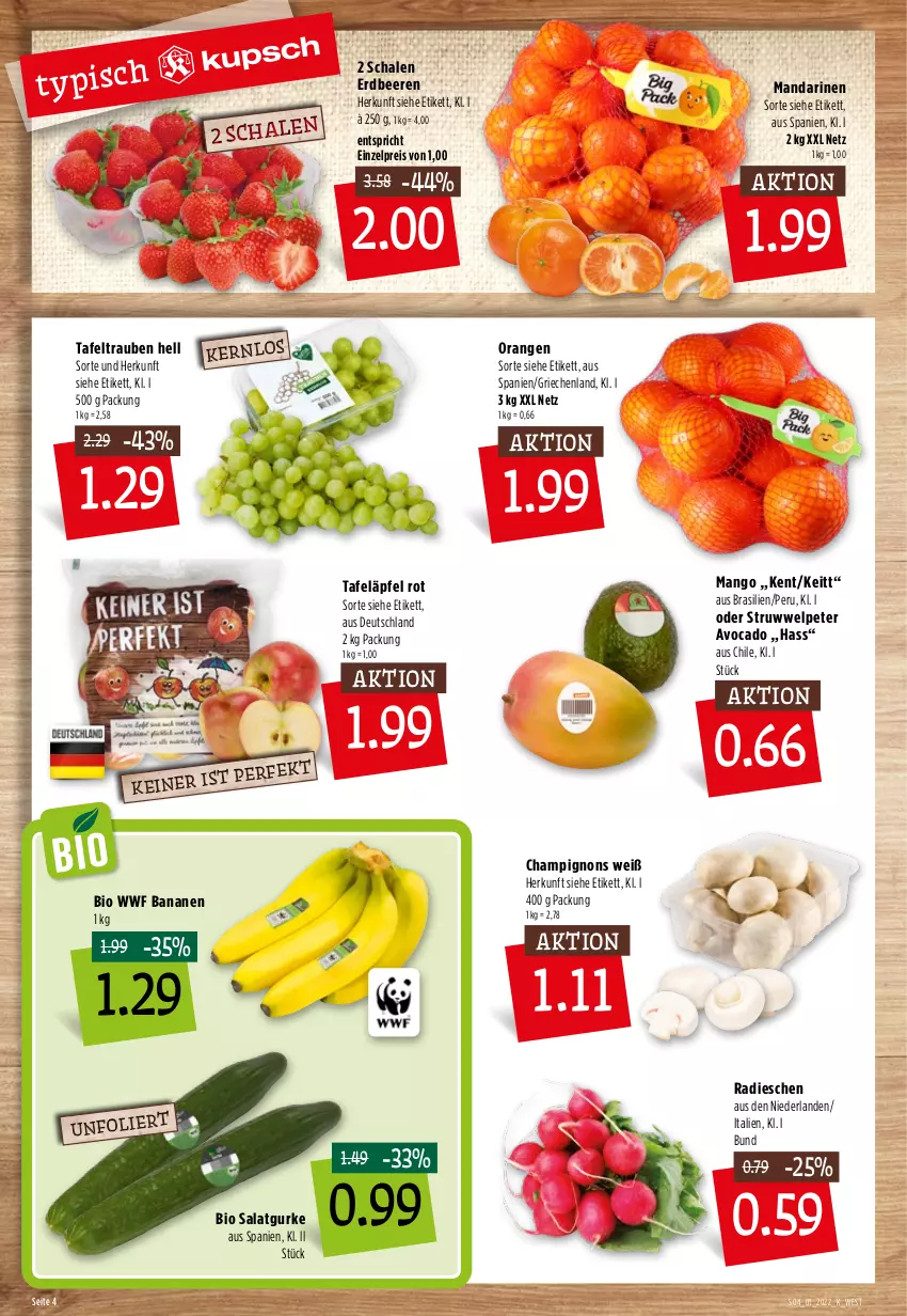 Aktueller Prospekt Kupsch - Angebote der Woche - von 03.01 bis 08.01.2022 - strona 6 - produkty: avocado, banane, bananen, beere, beeren, bio, champignon, champignons, eis, erdbeere, erdbeeren, gurke, mandarine, mandarinen, mango, orange, orangen, radieschen, reis, salat, Salatgurke, Schal, Schale, tafeläpfel, tafeltrauben, Ti, trauben