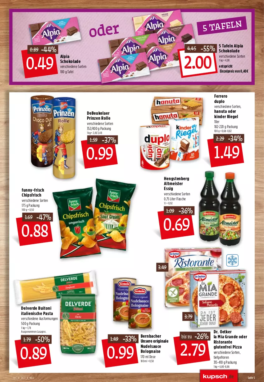 Aktueller Prospekt Kupsch - Angebote der Woche - von 03.01 bis 08.01.2022 - strona 7 - produkty: alpia, bernbacher, buitoni, chips, chipsfrisch, debeukelaer, Dr. Oetker, duplo, eis, erde, essig, ferrero, flasche, funny-frisch, gin, hanuta, hengstenberg, Hengstenberg Altmeister, italienische pasta, Kinder, kinder riegel, lasagne, Meister, nudel, pasta, pizza, prinzen rolle, reis, riegel, ristorante, sauce, schoko, schokolade, Ti