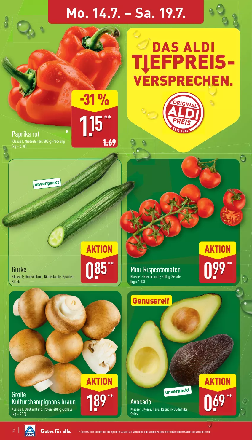Aktueller Prospekt Aldi Nord - Von Montag - von 14.07 bis 19.07.2025 - strona 2 - produkty: aldi, avocado, braun, champignon, champignons, champignons braun, eis, gurke, mini-rispentomaten, nuss, paprika, paprika rot, reis, rispentomaten, Schal, Schale, Ti, tomate, tomaten, ZTE