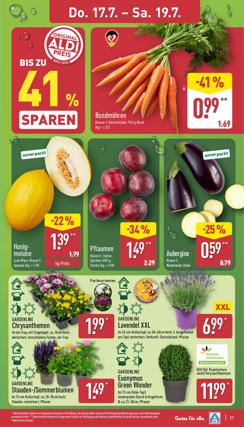 Aktueller Prospekt Aldi Nord - Von Montag - von 14.07 bis 19.07.2025 - strona 27 - produkty: aubergine, blume, blumen, bügel, Bundmöhren, chrysanthemen, eis, gin, honig, honigmelone, Kugel, kulturtopf, lavendel, melone, möhren, pflanze, pflanzen, pflaume, pflaumen, reis, Ria, Schal, Schale, stauden, Ti, topf, ZTE