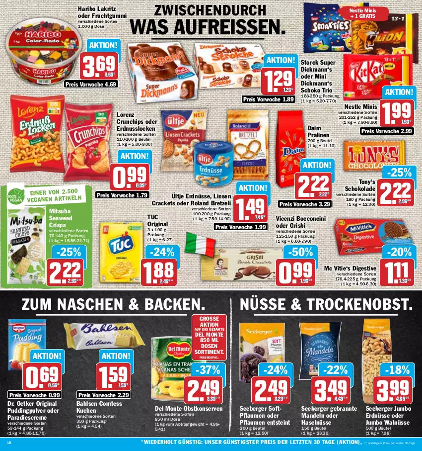 Aktueller Prospekt Hit - Prospekte - von 24.10 bis 29.10.2022 - strona 10 - produkty: bahlsen, Berger, beutel, chips, cin, comtess, comtess kuchen, creme, crunchips, daim, Dr. Oetker, eis, erdnuss, erdnüsse, frucht, fruchtgummi, gin, haribo, jumbo, Konserven, kuchen, Lakritz, linsen, lorenz, lorenz crunchips, mandel, mandeln, monte, nuss, obst, pflaume, pflaumen, pralinen, pudding, reis, reiss, schoko, schokolade, seeberger, storck, Ti, tuc, ültje, ültje erdnüsse, ZTE