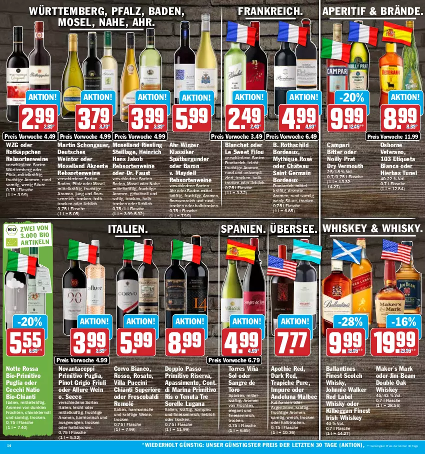 Aktueller Prospekt Hit - Prospekte - von 24.10 bis 29.10.2022 - strona 14 - produkty: aldi, aperitif, auer, aust, Bad, ball, bio, burgunder, campari, chia, chianti, cin, dell, doppio passo, ecco, eis, elle, ente, Etiqueta Blanca, finesse, flasche, frucht, früchte, früchten, Germ, irish whiskey, jako, jim beam, johnnie walker, kilbeggan, moselland, osborne, passo, Pinot, pinot grigio, primitivo, rebsortenweine, reis, rel, riesling, riserva, rosato, rotkäppchen, saft, scotch, scotch whisky, sim, spätburgunder, Ti, Vermouth, veterano, wein, weine, whiskey, whisky, ZTE