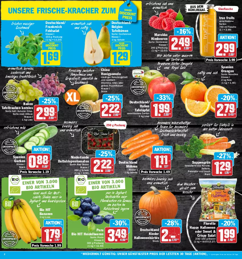 Aktueller Prospekt Hit - Prospekte - von 24.10 bis 29.10.2022 - strona 2 - produkty: auer, aus dem kühlregal, banane, bananen, beere, beeren, beutel, bio, bio hit, Birnen, discount, eintöpfe, eis, elle, ente, feldsalat, flasche, fleisch, florette, frucht, fruchtfleisch, glasflasche, grapefruit, gurke, gurken, heidelbeere, heidelbeeren, himbeer, himbeere, himbeeren, honig, Honigpomelo, joghur, joghurt, Kinder, kracher, kuchen, kühlregal, kühlschrank, Kürbis, LG, mac, möhren, navelina, nuss, obst, orange, orangen, petersilie, Pfannkuchen, Pomelo, quark, regal, reis, rispentomaten, saft, salat, salate, Schal, Schale, Schrank, shake, suppe, suppen, tafeläpfel, tafelbirnen, tafeltrauben, Ti, tisch, tomate, tomaten, trauben, true fruits, vita, Vitamine, ZTE, zucker