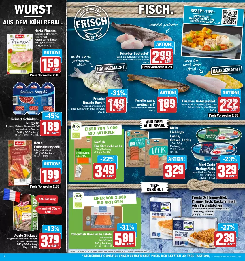 Aktueller Prospekt Hit - Prospekte - von 24.10 bis 29.10.2022 - strona 6 - produkty: aoste stickado, aus dem kühlregal, backofen, Becher, bio, braten, Dorade, dorade royal, eis, elle, filet, filets, finesse, fisch, fischstäbchen, fleisch, followfish, forelle, frischfisch, frosta, Frühstücksspeck, Graved Lachs, grill, hering, Herings, heringsfilets, herta, herta finesse, ideal zum braten, ideal zum grillen, kabeljaufilet, kartoffel, kartoffeln, katenschinken, kotelett, kühlregal, lachs, merl, Mini-Salami, natur, Ofen, pfanne, pfannen, pute, putenbrust, Rauch, regal, reinert, reis, rel, ring, salami, schinken, schlemmerfilet, senf, Speck, steak, stickado, Ti, tisch, würfel, wurst, xxl-packung, ZTE