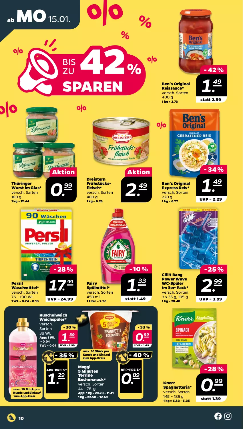 Aktueller Prospekt Netto - Woche 3 - von 15.01 bis 20.01.2024 - strona 10 - produkty: Becher, Ben’s Original, Cillit, cillit bang, dreistern, eis, fairy, fleisch, frühstücksfleisch, gin, knorr, Kuschelweich, maggi, persil, persil waschmittel, reis, reiss, Ria, ring, sauce, snack, spülmittel, terrine, Ti, waschmittel, weichspüler, wurst