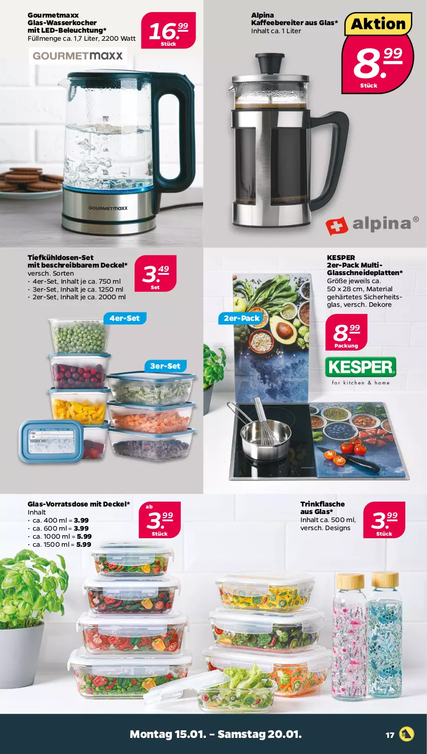 Aktueller Prospekt Netto - Woche 3 - von 15.01 bis 20.01.2024 - strona 17 - produkty: alpina, beleuchtung, decke, Deckel, flasche, glas-wasserkocher, gourmetmaxx, kaffee, kaffeebereiter, kesper, Kocher, latte, led-beleuchtung, mit led-beleuchtung, Ria, Ti, trinkflasche, wasser, wasserkocher