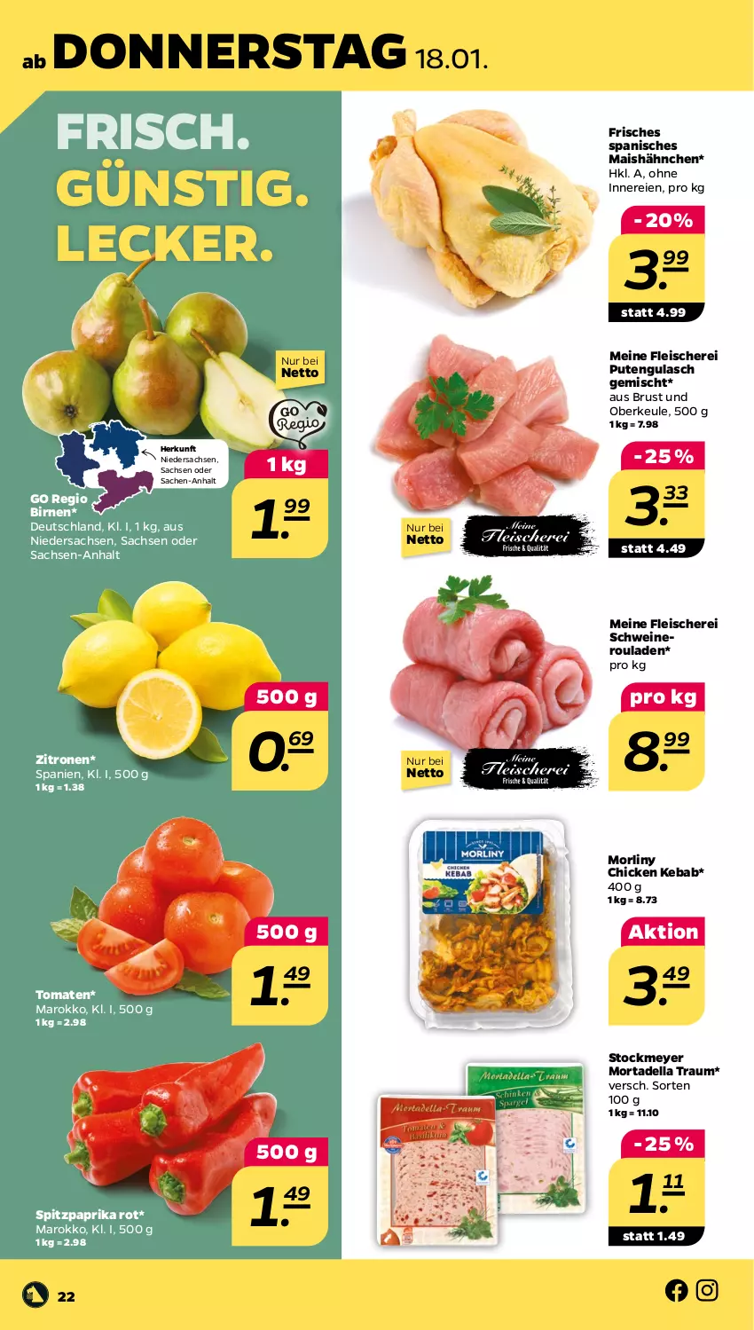 Aktueller Prospekt Netto - Woche 3 - von 15.01 bis 20.01.2024 - strona 22 - produkty: Birnen, dell, eis, fleisch, Fleischerei, gulasch, mais, mortadella, nero, paprika, paprika rot, pute, rouladen, sac, Schere, schwein, schweine, Schweineroulade, Spitzpaprika, stockmeyer, Ti, tomate, tomaten, wein, weine, zitrone, zitronen