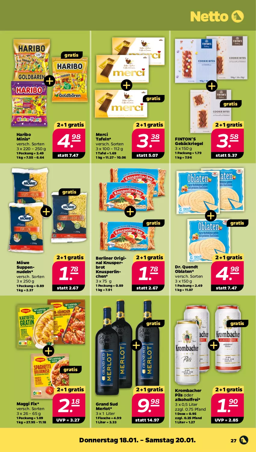 Aktueller Prospekt Netto - Woche 3 - von 15.01 bis 20.01.2024 - strona 27 - produkty: alkohol, berliner, brot, flasche, gin, grand sud, haribo, Knusperlinchen, krombache, krombacher, krombacher pils, maggi, maggi fix, merci, merl, merlot, nudel, nudeln, Oblaten, pils, riegel, suppe, suppen, Ti