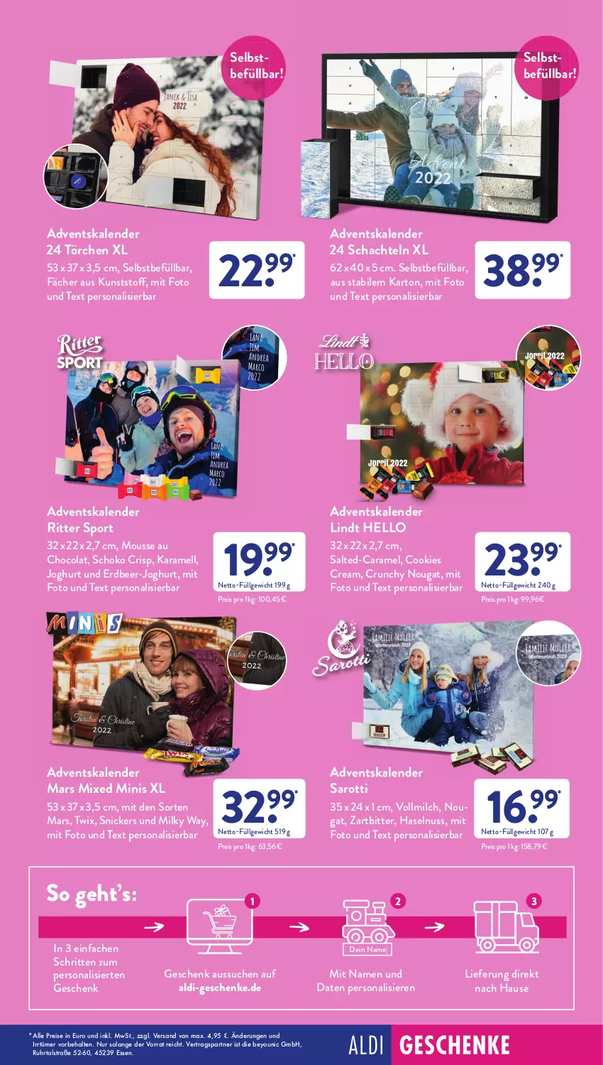 Aktueller Prospekt AldiSud - IN ZWEI WOCHEN - von 14.11 bis 19.11.2022 - strona 13 - produkty: Adventskalender, aldi, caramel, cola, cookie, cookies, eis, haselnuss, joghur, joghurt, karamell, LG, lindt, mars, milch, milky way, mousse, Mousse au Chocolat, nuss, Persona, reis, ritter, ritter sport, saro, sarotti, schoko, snickers, Sport, Ti, twix, uhr, vollmilch, Yo