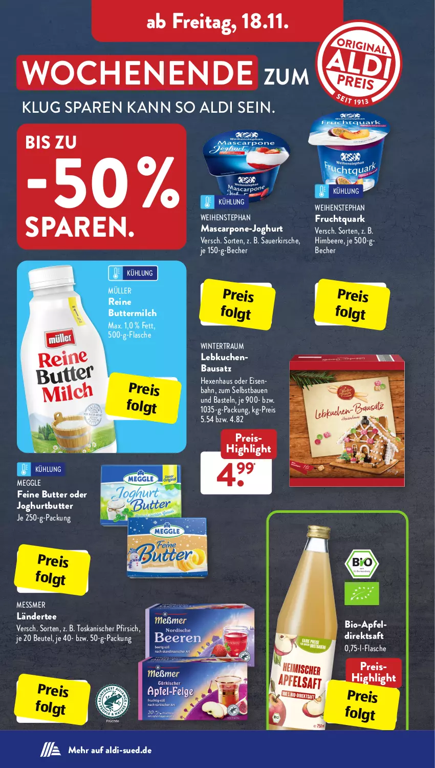 Aktueller Prospekt AldiSud - IN ZWEI WOCHEN - von 14.11 bis 19.11.2022 - strona 28 - produkty: aldi, apfel, Apfeldirektsaft, auer, Bau, Becher, beere, beutel, bio, butter, buttermilch, direktsaft, eis, Eisenbahn, flasche, frucht, Fruchtquark, himbeer, himbeere, je 250-g-packung, joghur, joghurt, kirsch, kirsche, kuchen, Ländertee, Lebkuchen, LG, mascarpone, meggle, milch, Müller, pfirsich, quark, reine buttermilch, reis, saft, tee, weihenstephan