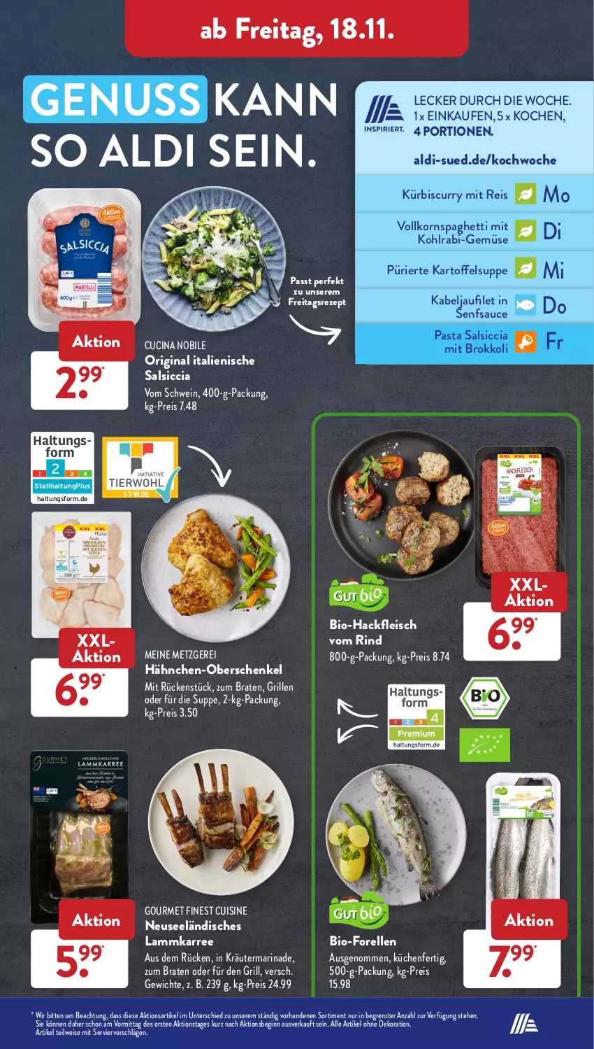 Aktueller Prospekt AldiSud - IN ZWEI WOCHEN - von 14.11 bis 19.11.2022 - strona 31 - produkty: aldi, alle artikel ohne dekoration, bio, Bio-Hackfleisch, braten, brokkoli, cin, curry, dekoration, eis, elle, filet, fleisch, forelle, gin, grill, hackfleisch, henkel, kabeljaufilet, kartoffel, Kartoffelsuppe, kohlrabi, korn, kräuter, küche, Küchen, Kürbis, lamm, marinade, nuss, pasta, reis, rel, rezept, rind, salsiccia, sauce, schenkel, schwein, senf, spaghetti, suppe, Ti, wein, ZTE