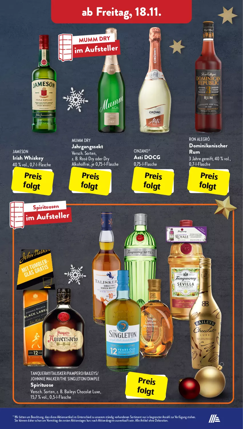 Aktueller Prospekt AldiSud - IN ZWEI WOCHEN - von 14.11 bis 19.11.2022 - strona 33 - produkty: alkohol, alle artikel ohne dekoration, asti, baileys, cin, cinzano, cola, dekoration, eis, elle, flasche, gin, irish whiskey, jahrgangssekt, jameson, johnnie walker, LG, mumm, reis, rum, sekt, spirituosen, Tanqueray, teller, Ti, whiskey, ZTE