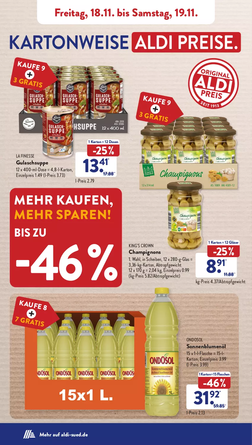 Aktueller Prospekt AldiSud - IN ZWEI WOCHEN - von 14.11 bis 19.11.2022 - strona 36 - produkty: aldi, blume, blumen, blumenöl, champignon, champignons, eis, finesse, flasche, Gläser, gulasch, Gulaschsuppe, reis, sonnenblume, sonnenblumen, sonnenblumenöl, suppe, Ti