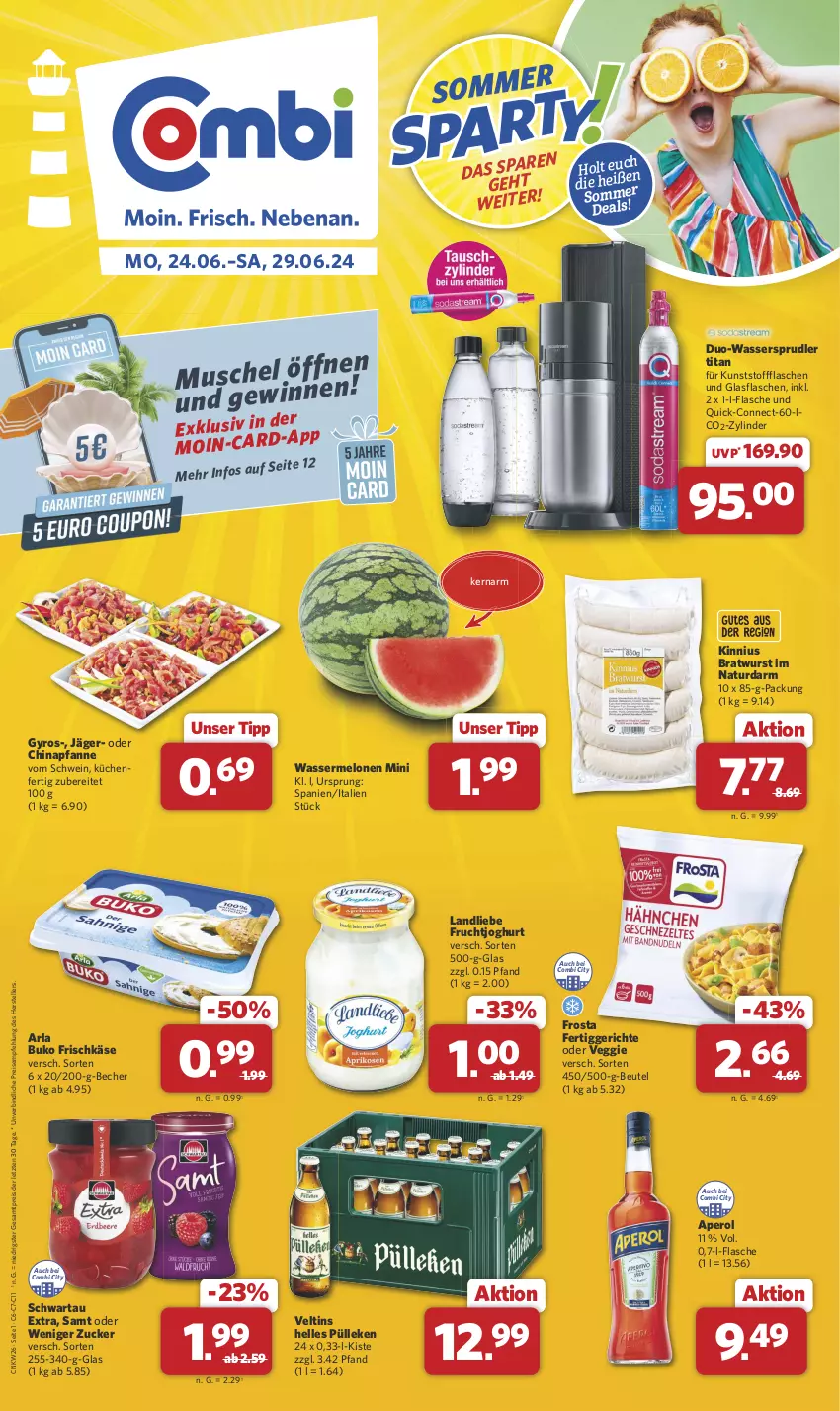 Aktueller Prospekt Combi - Prospekte - von 24.06 bis 29.06.2024 - strona 1 - produkty: aperol, arla, arla buko, Becher, beutel, bratwurst, Buko, eis, elle, fertiggericht, fertiggerichte, flasche, frischkäse, frosta, frucht, fruchtjoghurt, glasflasche, gyros, joghur, joghurt, Käse, küche, Küchen, landliebe, melone, melonen, natur, pfanne, reis, Schwartau, schwein, teller, Ti, veggie, veltins, wasser, wassermelone, wassermelonen, wassersprudler, wein, wurst, ZTE, zucker