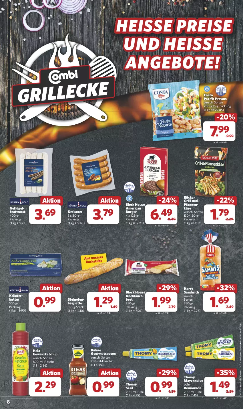 Aktueller Prospekt Combi - Prospekte - von 24.06 bis 29.06.2024 - strona 9 - produkty: angebot, angebote, auer, baguette, bratwurst, brot, burger, butter, Cif, eis, flasche, Geflügel, gewürz, gewürzketchup, grill, Hela, Käse, ketchup, knoblauch, krakauer, kräuter, kräuterbutter, Kühne, mayonnaise, Ofen, pfanne, pfannen, pfannenkäse, prawns, reis, remoulade, sandwich, sauce, saucen, senf, steinofen, stube, thomy, Ti, wurst, Yo, ZTE