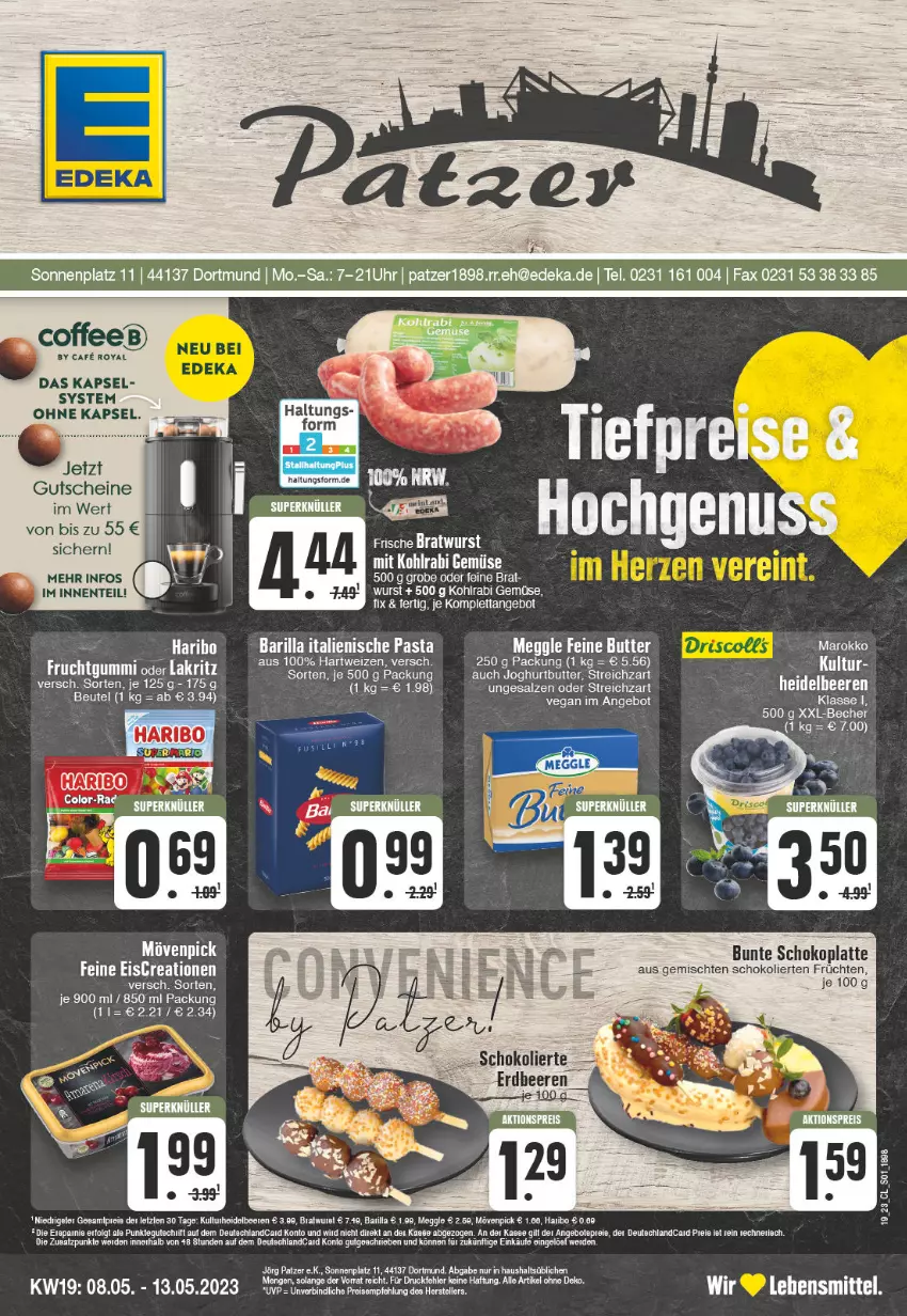 Aktueller Prospekt Edeka - Angebote der Woche - von 08.05 bis 13.05.2023 - strona 1 - produkty: angebot, barilla, Becher, beere, beeren, beutel, butter, deutschlandcard, eis, elle, ente, erde, früchte, früchten, gutschein, gutscheine, haribo, hartweizen, heidelbeere, heidelbeeren, italienische pasta, joghur, joghurt, kohlrabi, latte, lebensmittel, meggle, nuss, pasta, reis, salz, schoko, Streichzart, teller, Ti