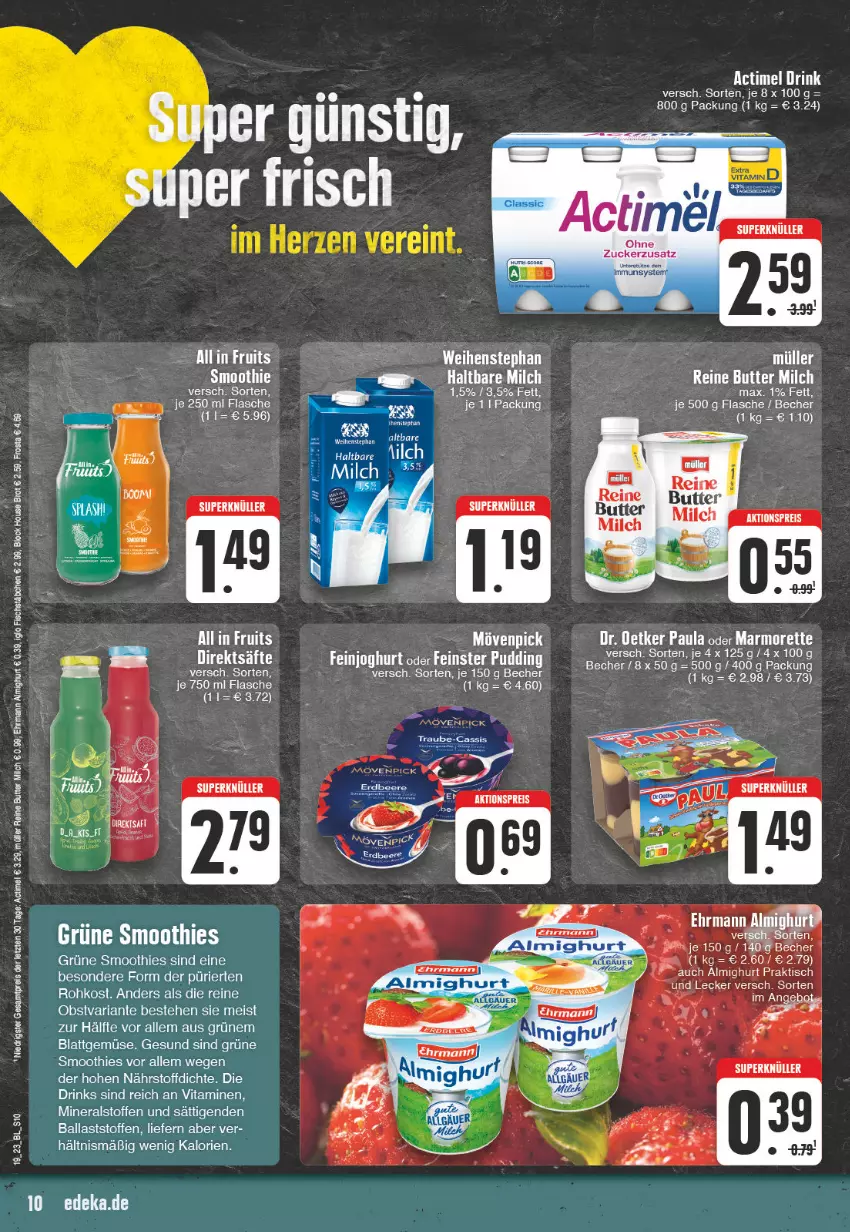 Aktueller Prospekt Edeka - Angebote der Woche - von 08.05 bis 13.05.2023 - strona 10 - produkty: actimel, almighur, almighurt, ball, Becher, beere, brot, butter, deka, drink, drinks, ehrmann, ehrmann almighurt, eis, erdbeere, fisch, fischstäbchen, flasche, frosta, iglo, milch, Müller, obst, reis, Ria, säfte, smoothie, smoothies, tee, Ti, tisch, vita, Vitamine, ZTE, zucker