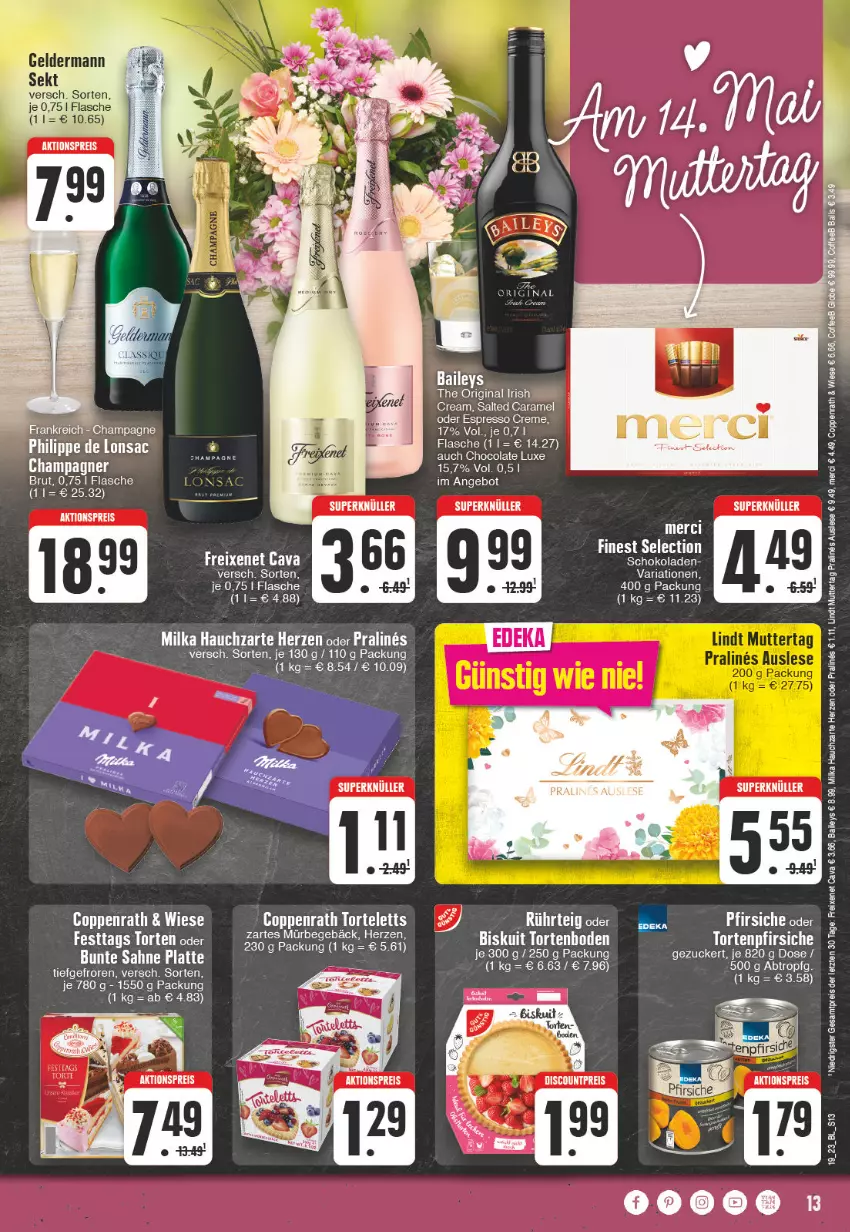 Aktueller Prospekt Edeka - Angebote der Woche - von 08.05 bis 13.05.2023 - strona 13 - produkty: angebot, brut, caramel, champagne, champagner, cola, coppenrath, creme, eis, ente, espresso, flasche, gin, irish cream, latte, milka, oder espresso, pfirsich, pfirsiche, pfirsiche oder, Ria, sac, sahne, schoko, schokolade, schokoladen, tee, Ti