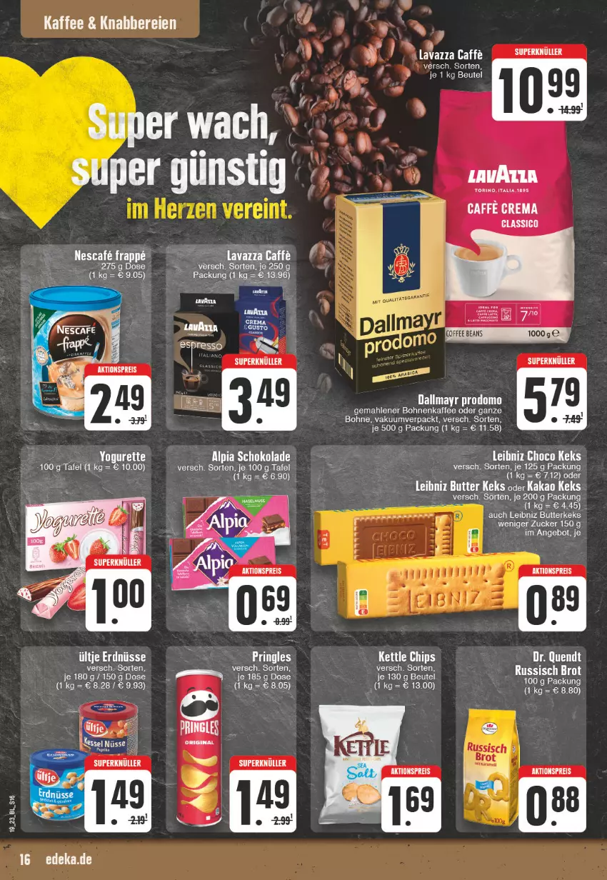 Aktueller Prospekt Edeka - Angebote der Woche - von 08.05 bis 13.05.2023 - strona 16 - produkty: aktionspreis, alpia, angebot, beutel, bohne, bohnen, bohnenkaffee, butter, butterkeks, caffe, classico, dallmayr, dallmayr prodomo, deka, eis, erdnüsse, espresso, gemahlener bohnenkaffee, kaffee, kakao, keks, leibniz, nescafe, prodomo, reis, schoko, schokolade, Ti, ültje, ültje erdnüsse, zucker