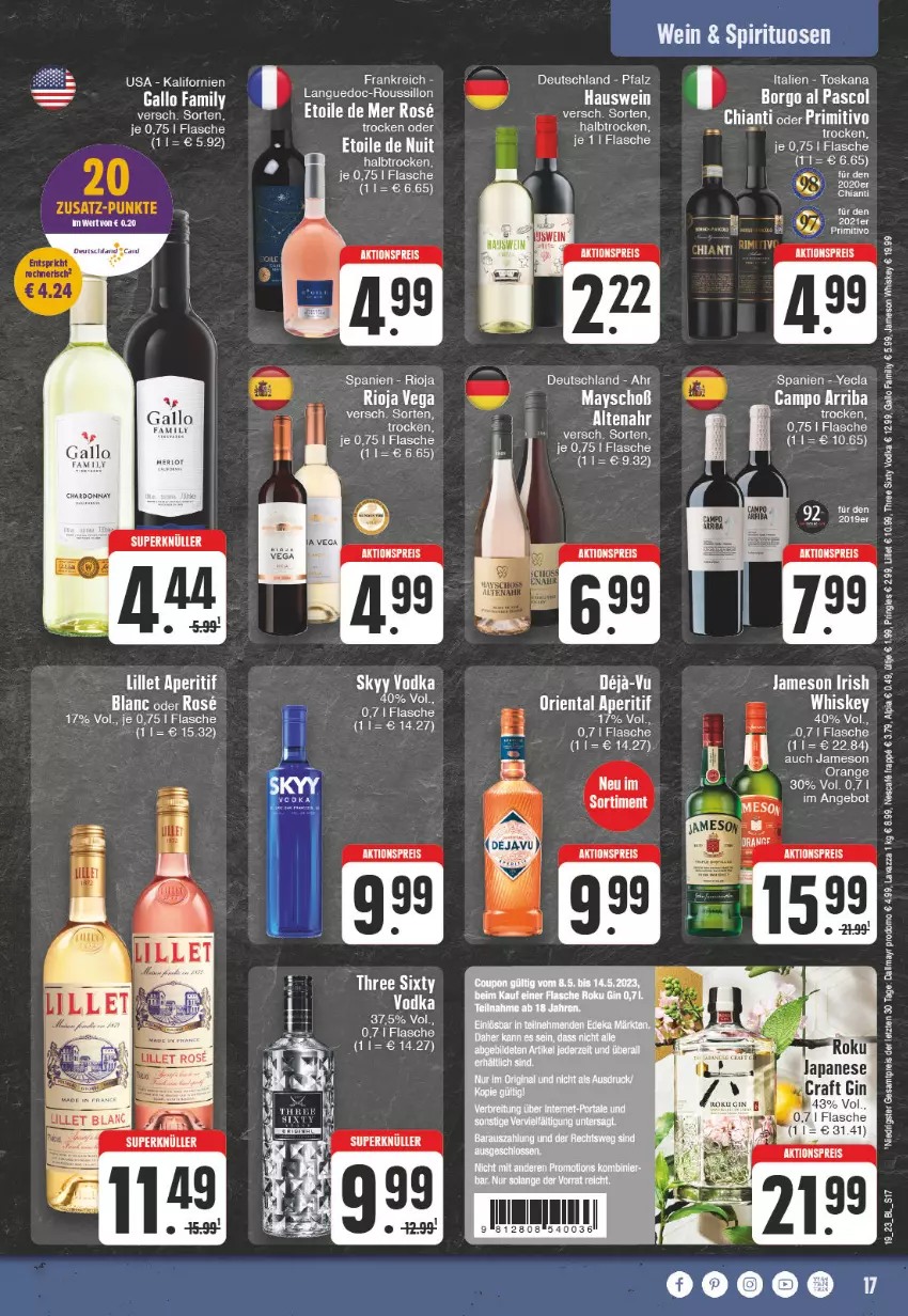 Aktueller Prospekt Edeka - Angebote der Woche - von 08.05 bis 13.05.2023 - strona 17 - produkty: aktionspreis, alpia, aperitif, bett, chardonnay, dallmayr, dallmayr prodomo, eis, flasche, gallo, jameson, lavazza, lillet, nescafe, orange, primitivo, pringles, prodomo, reis, ring, rioja, skyy, Skyy Vodka, Three Sixty, Ti, ültje, vodka, wein, whiskey, ZTE