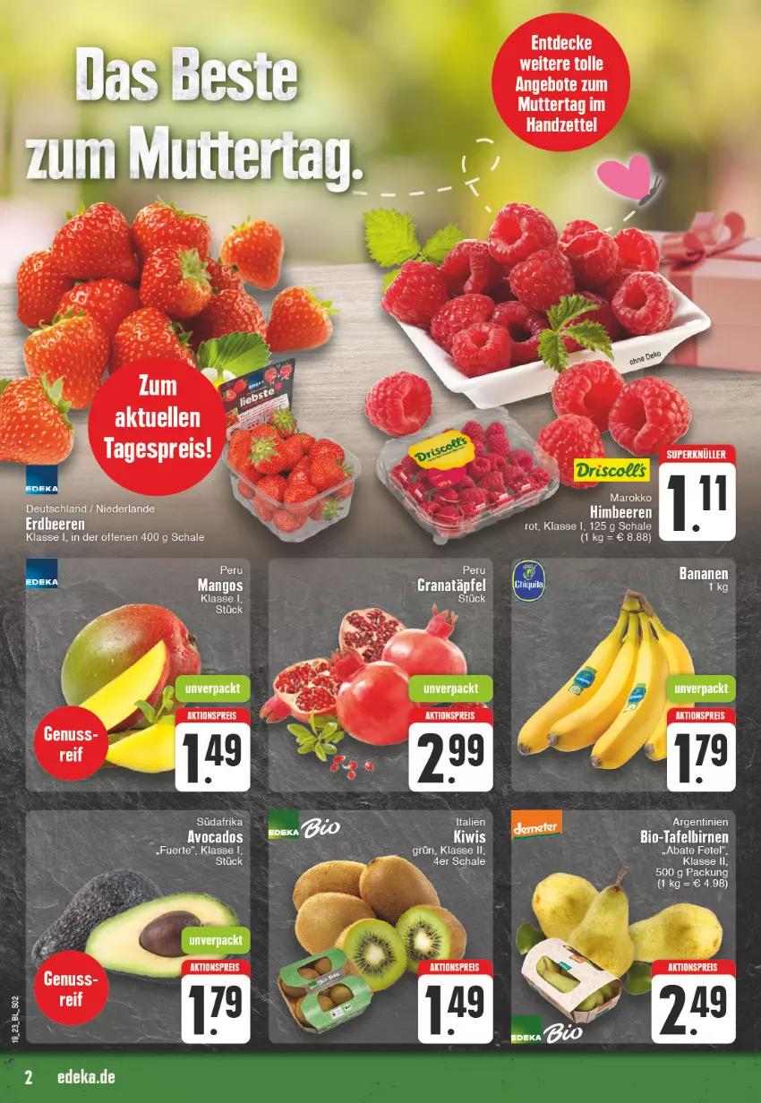 Aktueller Prospekt Edeka - Angebote der Woche - von 08.05 bis 13.05.2023 - strona 2 - produkty: aktionspreis, banane, bananen, beere, beeren, bio, Birnen, decke, eis, erdbeere, erdbeeren, grana, Granatäpfel, kiwi, mango, mangos, nuss, Rana, reis, Schal, Schale, tafelbirnen, Ti