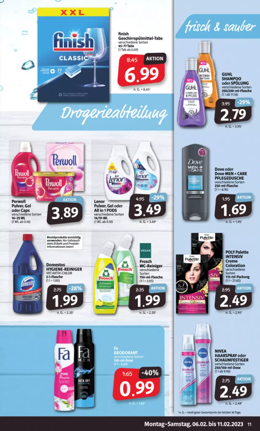 Aktueller Prospekt Markant - Prospekte - von 06.02 bis 11.02.2023 - strona 11 - produkty: creme, domestos, dove, dusche, Finish, flasche, Frosch, geschirr, geschirrspülmittel, haarspray, hygiene-reiniger, lenor, nivea, oder schaumfestiger, Palette, pflegedusche, Pods, Rauch, reiniger, rwe, schaumfestiger, spülmittel, spülung, Ti