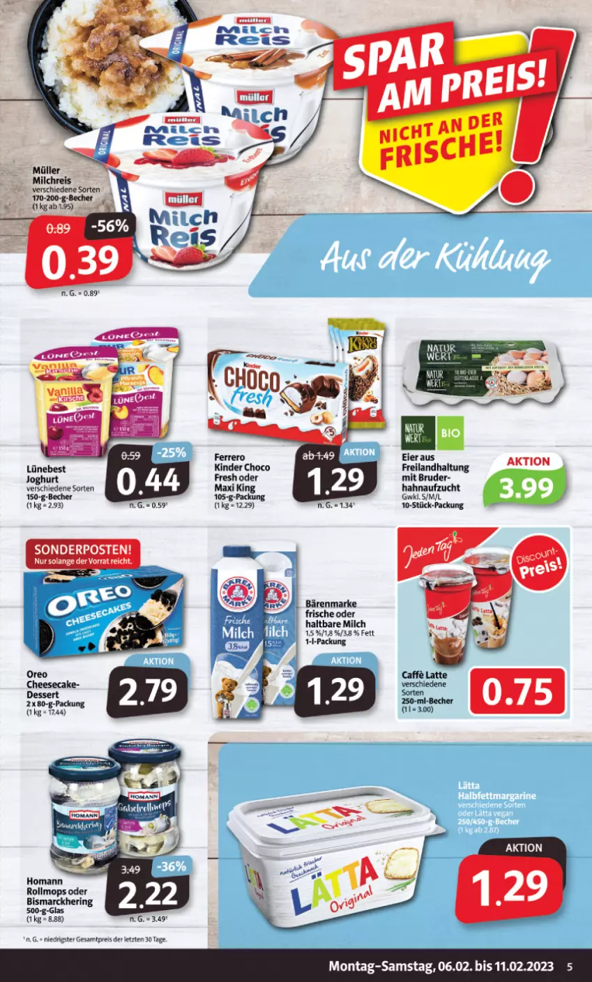 Aktueller Prospekt Markant - Prospekte - von 06.02 bis 11.02.2023 - strona 5 - produkty: bärenmarke, Becher, bismarck, caffe, eier, eis, ferrero, haltbare milch, hering, homann, joghur, joghurt, Kinder, latte, milch, milchreis, reis, ring, sonderposten, Ti, ZTE