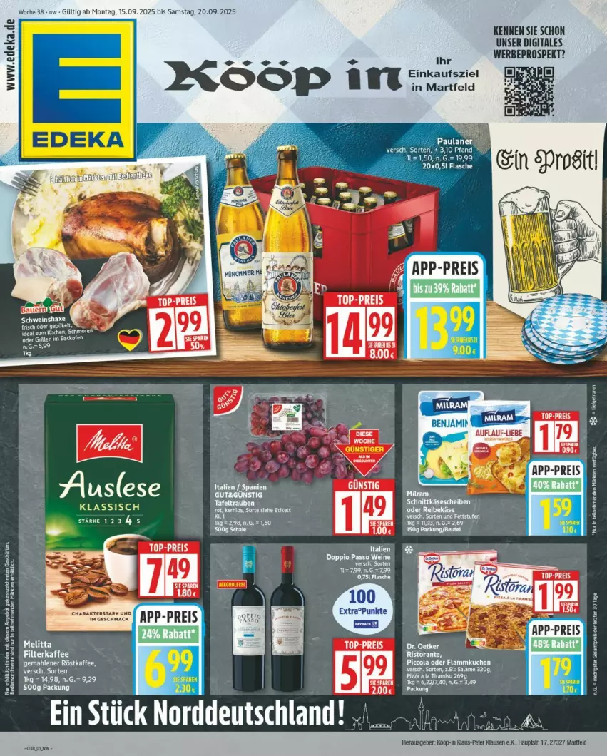 Aktueller Prospekt Edeka - Prospekte - von 15.09 bis 20.09.2025 - strona 1 - produkty: axe, deka, eis, elle, ente, Haxe, kaffee, reis, röstkaffee, schwein, Ti, top-preis, wein, ZTE