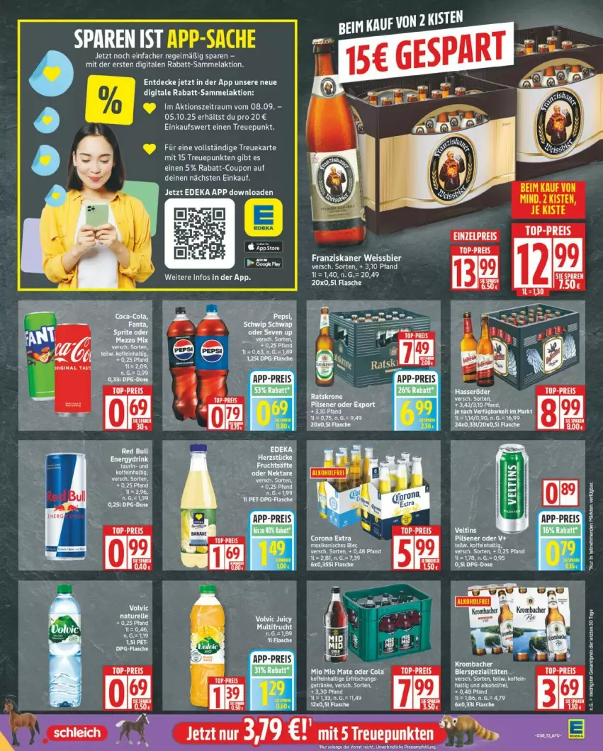 Aktueller Prospekt Edeka - Prospekte - von 15.09 bis 20.09.2025 - strona 13 - produkty: bier, bierspezialitäten, cola, coupon, eis, ente, flasche, franziskaner, Mio Mio, rabatt-coupon, reis, Spezi, tee, Ti, weissbier, ZTE