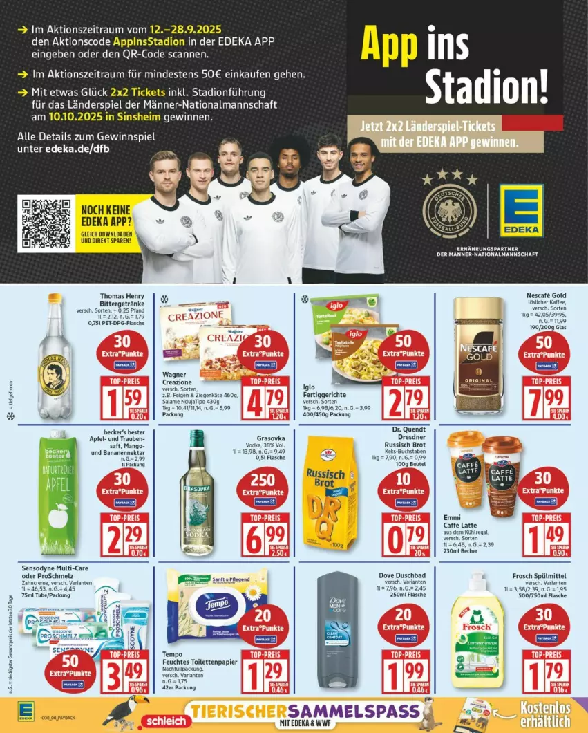Aktueller Prospekt Edeka - Prospekte - von 15.09 bis 20.09.2025 - strona 8 - produkty: arla, Bad, Becher, beutel, brot, buch, creme, deka, dove, duschbad, Feigen, fertiggericht, fertiggerichte, fisch, fische, flasche, Frosch, getränk, getränke, gewinnspiel, kaffee, Käse, keks, latte, nescafe, russisch brot, sensodyne, spülmittel, Tempo, thomas henry, Ti, vodka, wagner, zahncreme, ziegenkäse